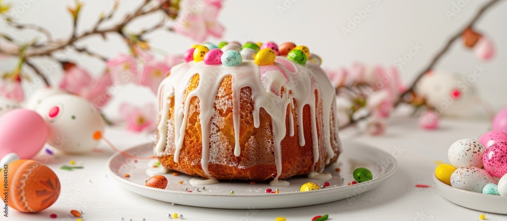 Poster easter cake adorned with glossy icing and decorative elements on a postcard featuring easter bread, 