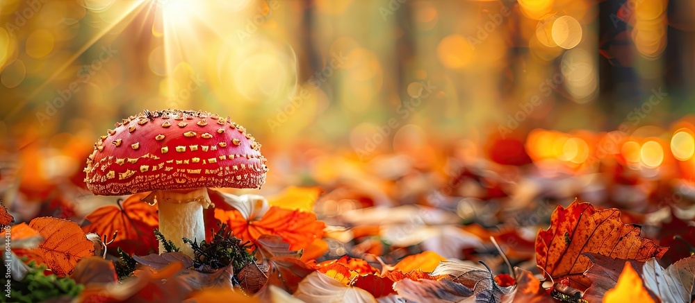 Poster fall leaves surround a mushroom growing on the ground, creating a picturesque scene with ample copy 