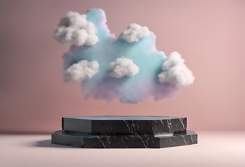 A creative display featuring cumulus clouds crafted with realistic detail, positioned over a dark stone platform, perfect for modern art themes or innovative design projects.