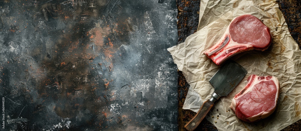 Poster Close-up top view of a raw pork chop wrapped in paper on a rustic metal table with a butcher's cleaver, showcasing copy space image.