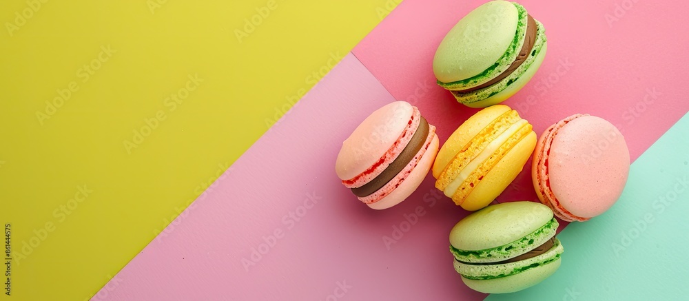 Poster angle view of colourful macaroons on a green, yellow, and pink background with a blank space in the 