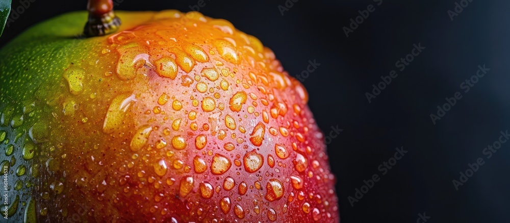 Poster close-up of a mango with water droplets against a black backdrop, offering ample copy space for a te