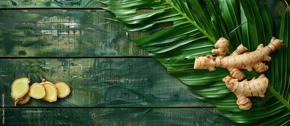 Aufkleber asian herb concept with fresh ginger root and slices placed on a green leaf backdrop on a wooden tab