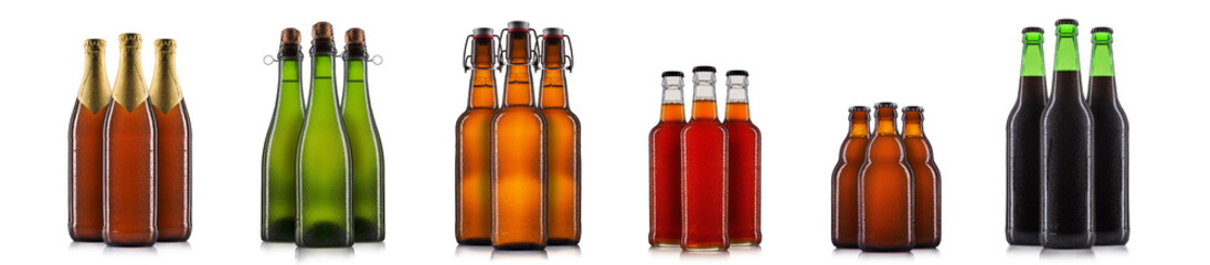 Set of bottle of beer or cider isolated on white background