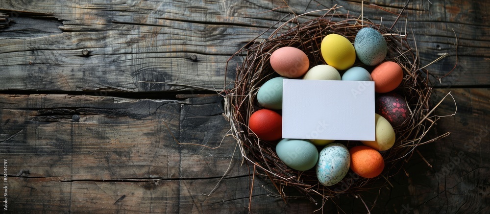 Poster Easter eggs of various colors arranged in a nest with a personal message card on a wooden surface, creating a festive Easter ambiance, suitable for copy space image.