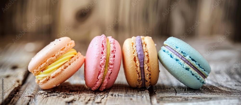 Poster colorful assortment of french macarons in pastel hues displayed on a wooden surface with selective f