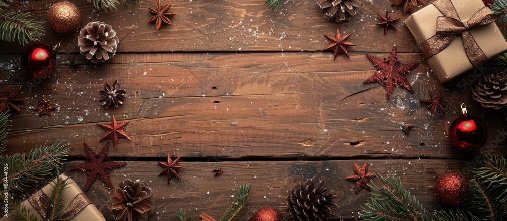 Poster background of wooden christmas decor with ornaments providing space for text to be added on the imag