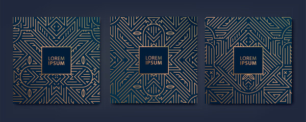 Vector set of square gold cards, art deco geometric banners, line gala templates. Corporate posters, invites, business flyers. Dark blue design.