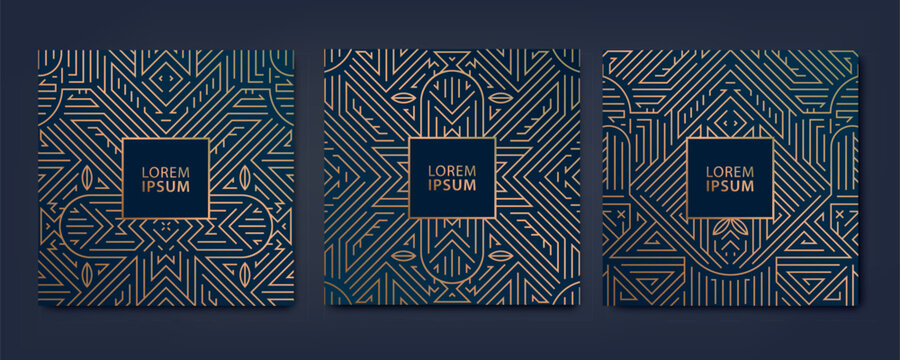 Vector set of square gold cards, art deco geometric banners, line gala templates. Corporate posters, invites, business flyers. Dark blue design.