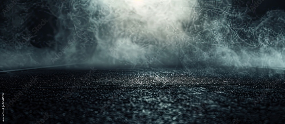 Poster Abstract dark textured asphalt with smoke on a deserted street, creating a mysterious ambience against a light night background with copy space image.