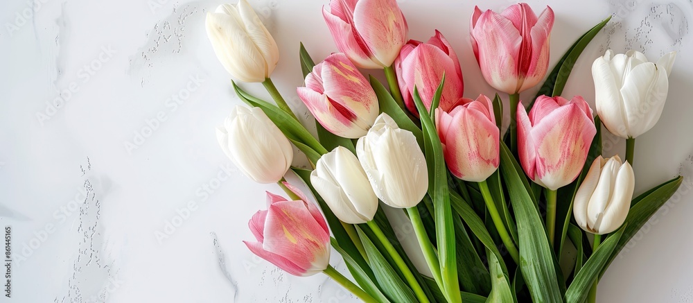 Poster close-up of a fresh bouquet showing pink and white tulips on a white backdrop with copy space image 