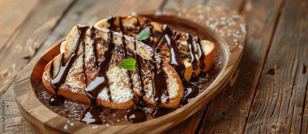 Aufkleber delicious nutella toast with chocolate sauce and cream in a wooden dish on table background with cop