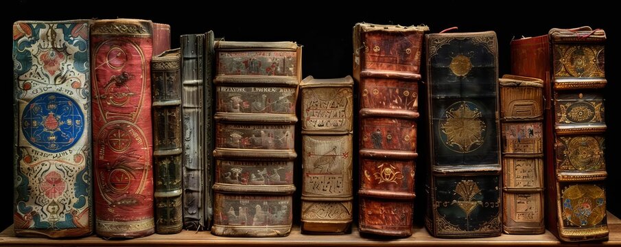 A collection of Coptic biblical manuscripts, with colorful bindings and geometric designs, showcased in a historical societys archive