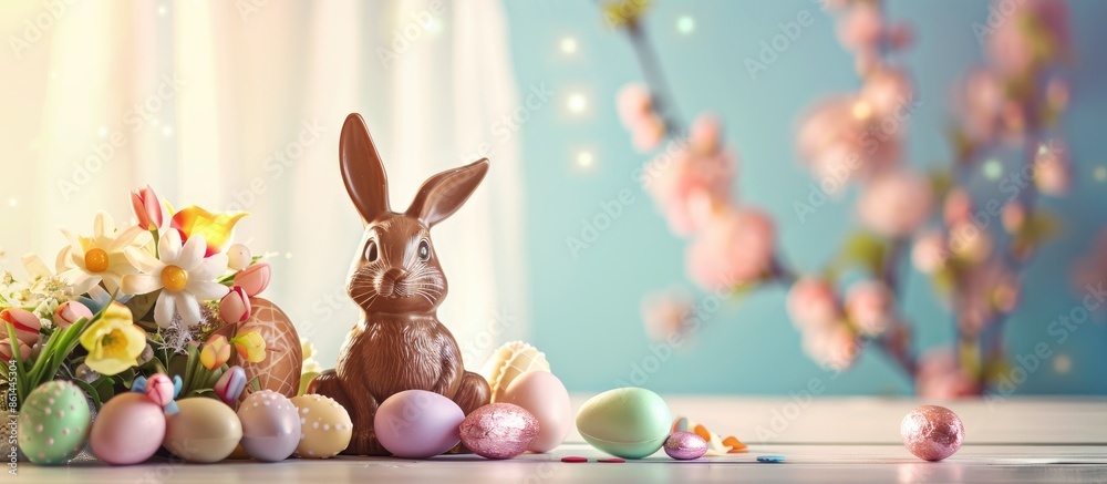 Poster delectable easter treats including a chocolate bunny and colorful eggs, all arranged with an appeali
