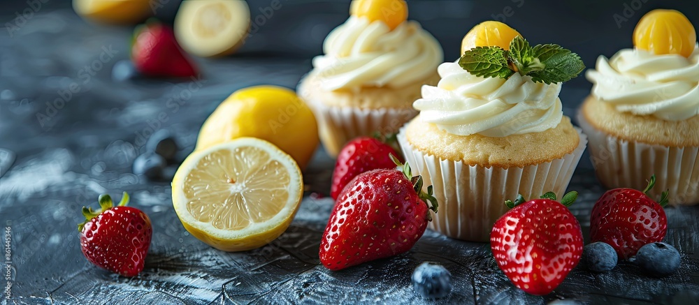 Aufkleber Cupcakes topped with strawberries and lemons on a dark backdrop with copy space image available.