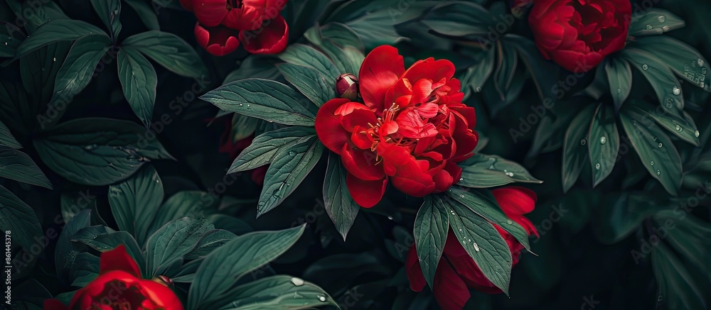Aufkleber Beautiful close-up shot of red peony petals against a backdrop of green leaves creating a stunning image with selective focus and copy space.