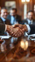 A diverse team of business people shaking hands in a boardroom, celebrating the conclusion of a productive meeting