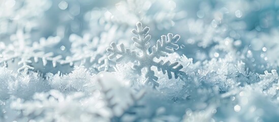 Obraz premium Close-up snowy white texture of winter snowflakes for design on a toned picture background with copy space image.