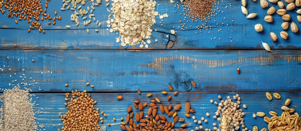 Poster assorted grains on blue wooden backdrop, top view with copy space image.