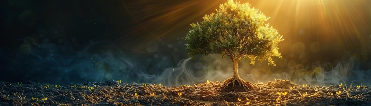 A mustard seed growing into a large tree, illustrating the Kingdom of God from small beginnings