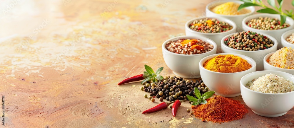 Poster Bowls of assorted spices set against a bright backdrop with ample empty space for additional elements in the image.