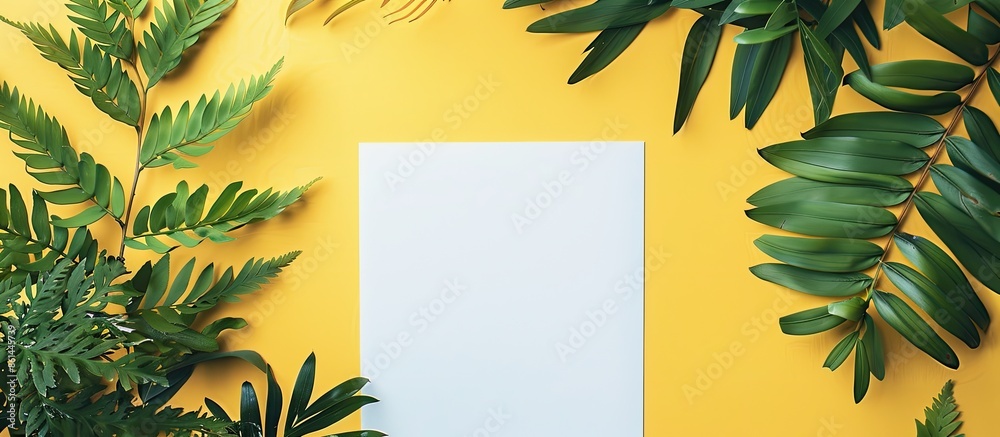 Poster flat lay mockup featuring a composition of green foliage, an acacia branch, and white paper on a yel