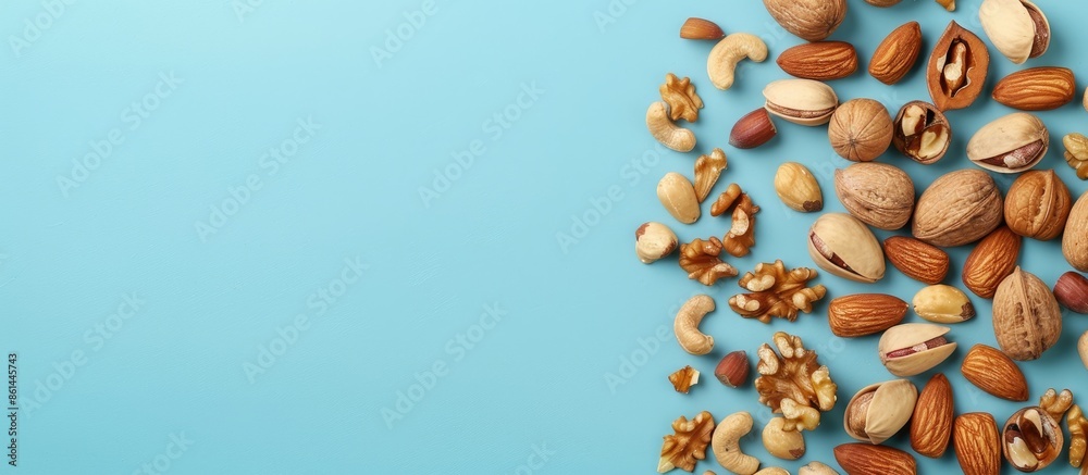 Poster arranged brazilian nuts, walnuts, and almonds on a light blue background with a macro focus for a co