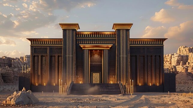 A replica of the Tabernacle of Moses, showing the Holy of Holies and the Ark within, set in a desert landscape