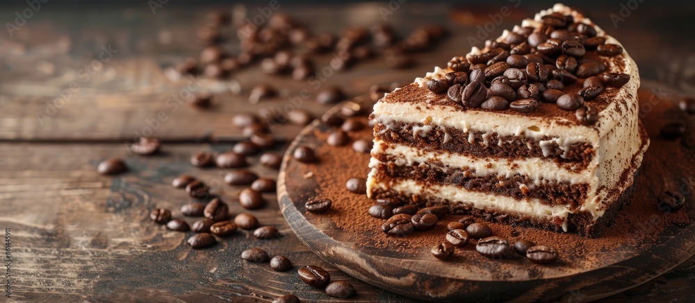 Poster coffee cake garnished with coffee beans, creating a delightful aesthetic with a copy space image.