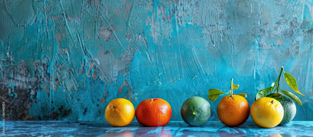 Poster design concept featuring vibrant fresh citrus fruits staged against a weathered blue backdrop with s