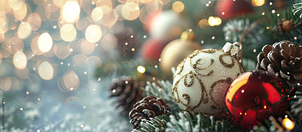 Poster festive christmas display featuring pine twigs, red, white, and gold ornaments and cones against a b