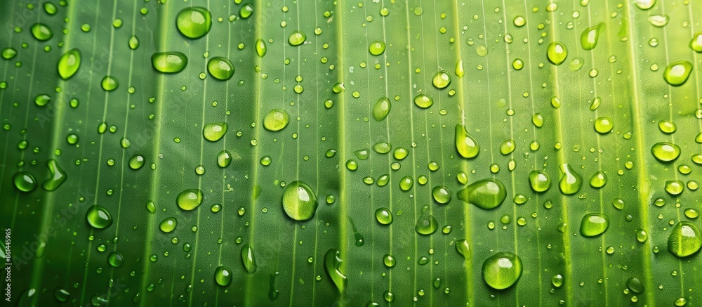 Poster Beautiful morning water drop on banana leaf pattern with a textured background, perfect for adding text with copy space image.
