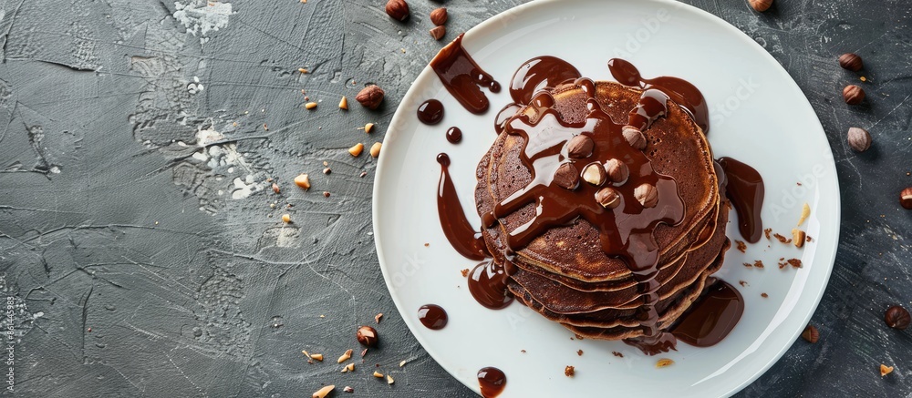 Poster chocolate and hazelnut pancakes on a white plate against a concrete background with a slate backdrop