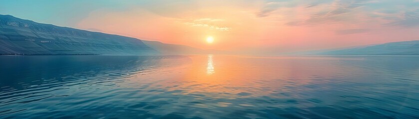 Obraz premium A sweeping panorama of the Sea of Galilee at dawn, the sun casting golden hues over the tranquil waters where Jesus once walked