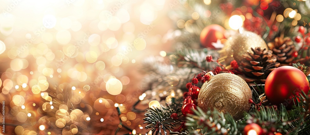 Aufkleber Festive Christmas decorations create a border on an abstract New Year's backdrop with a focused copy space image.