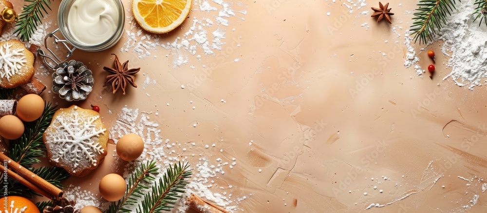 Poster Christmas cookie making ingredients displayed on a bright background with space for text. image with copy space