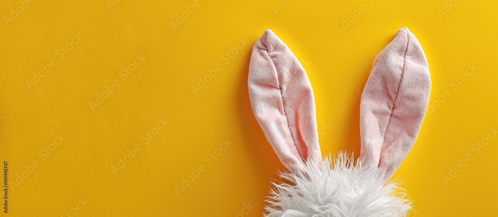 Poster Easter theme with a bunny ears costume on a yellow background, featuring a simple flat lay design with space for text or images. image with copy space