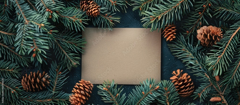 Aufkleber Creative Christmas scene featuring a blank greeting card mock-up surrounded by Christmas tree branches in a flat lay composition. Nature-inspired New Year concept with copy space image.