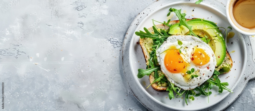Poster an appetizing vegan breakfast featuring baked avocado with egg and arugula salad on toast displayed 
