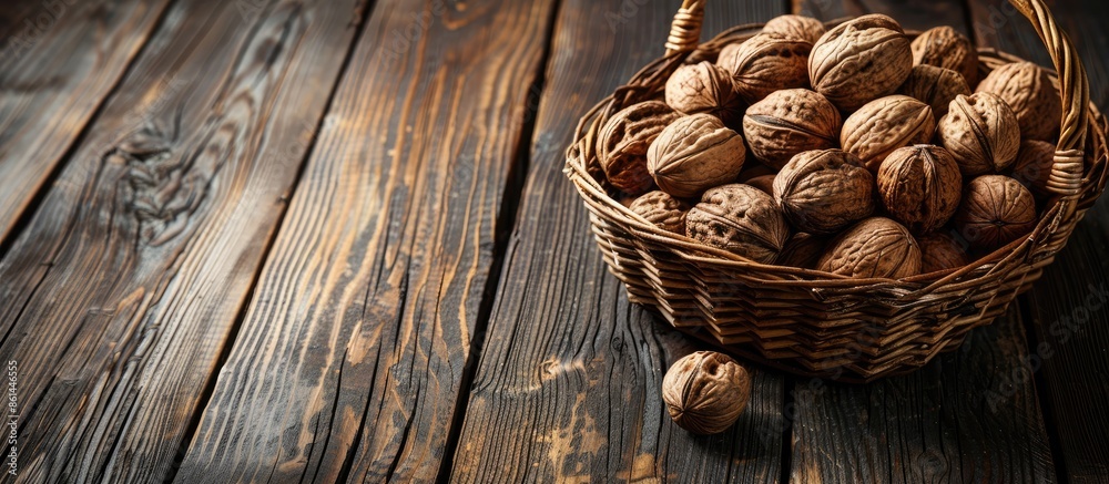 Poster dark wooden background with an oval wicker basket filled with walnuts. copy space image included.