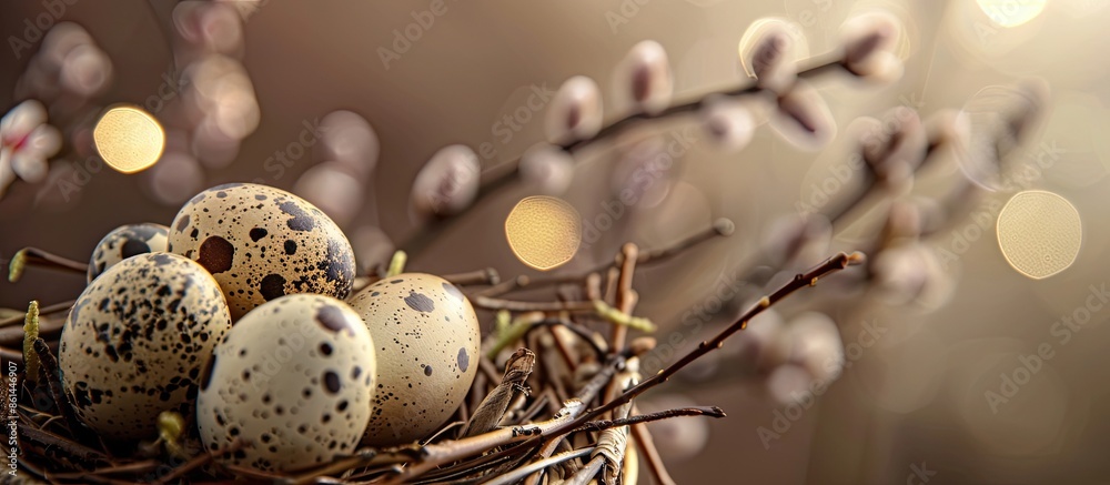 Poster Close-up Easter background featuring quail eggs and willow branches in a composition with copy space image.