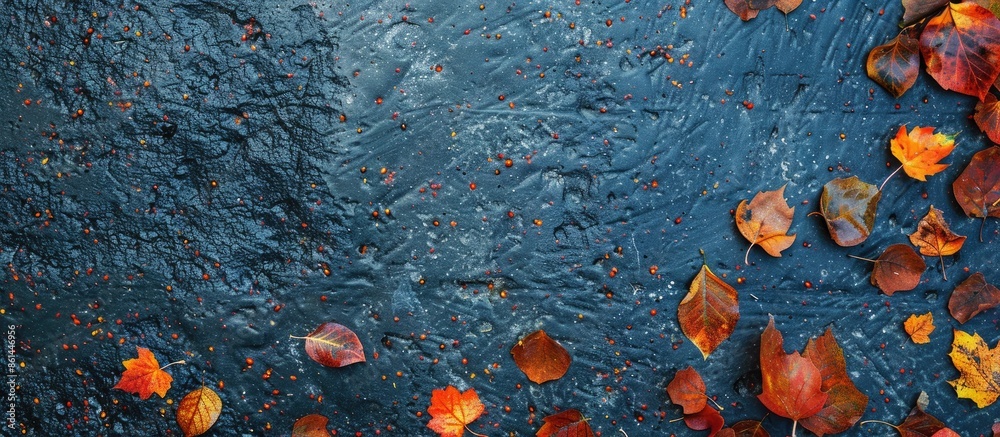 Poster fall foliage on the pavement with copy space image.