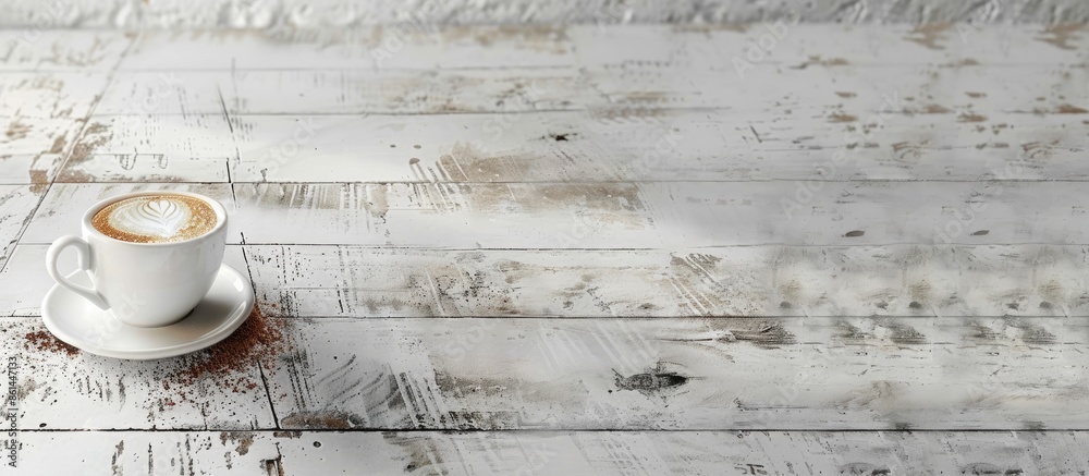 Poster Cappuccino cup on a white wooden table with empty space for an image. image with copy space