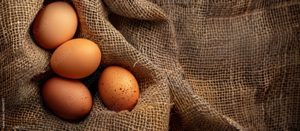 Aufkleber Egg displayed on a rustic burlap sack with copy space image.