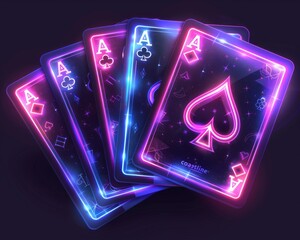 Glowing neon playing cards with ace symbols in a futuristic design