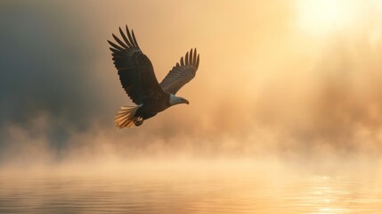 Obraz premium A bald eagle flying above water in wild at sunrise.