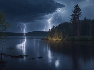 Fototapeta premium Lightning Storm Over Forest Lake