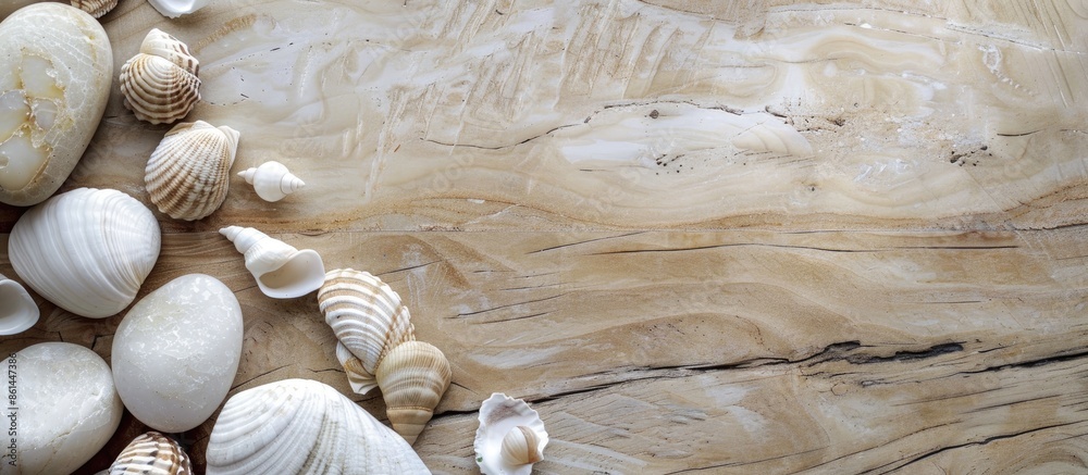 Poster elegant arrangement of white marble stones and seashells on a wooden backdrop with ample copy space 