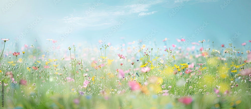 Poster Blurred floral meadow under a clear summer sky, creating a hazy backdrop for copy space image.