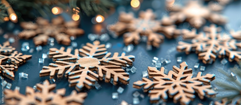 Poster close-up view of decorative wooden christmas snowflakes on a blue background, creating a festive new